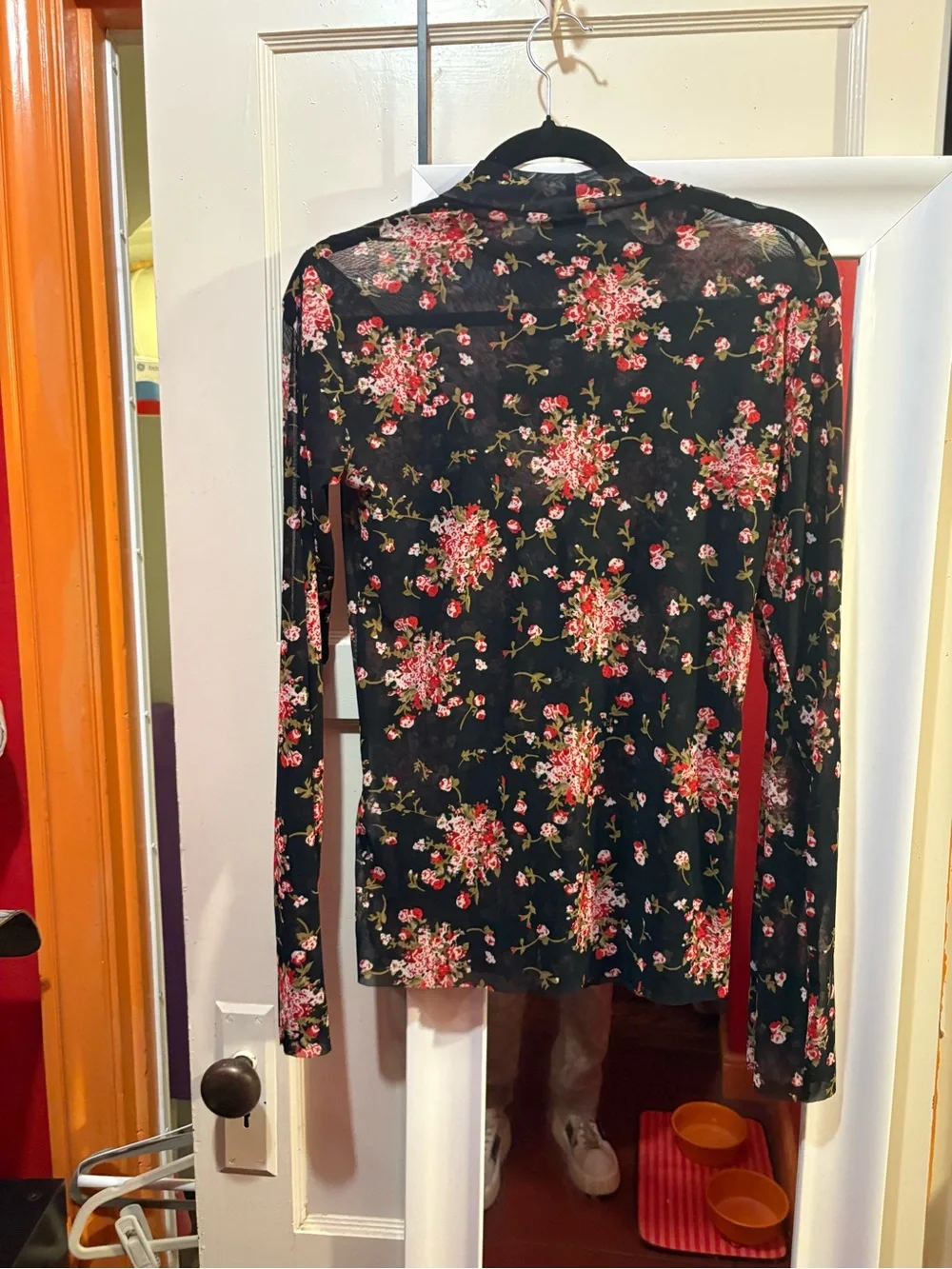 Y.A.S. Black floral mesh ruffle Long-Sleeve Top - Black with Pink Floral size L